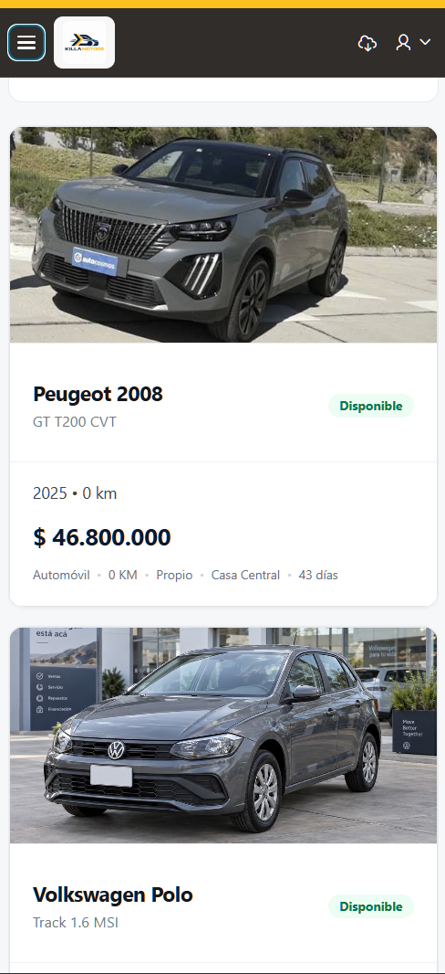 Inventario real de KillaMotors en móvil: fichas de vehículos con fotos, estado y precio.